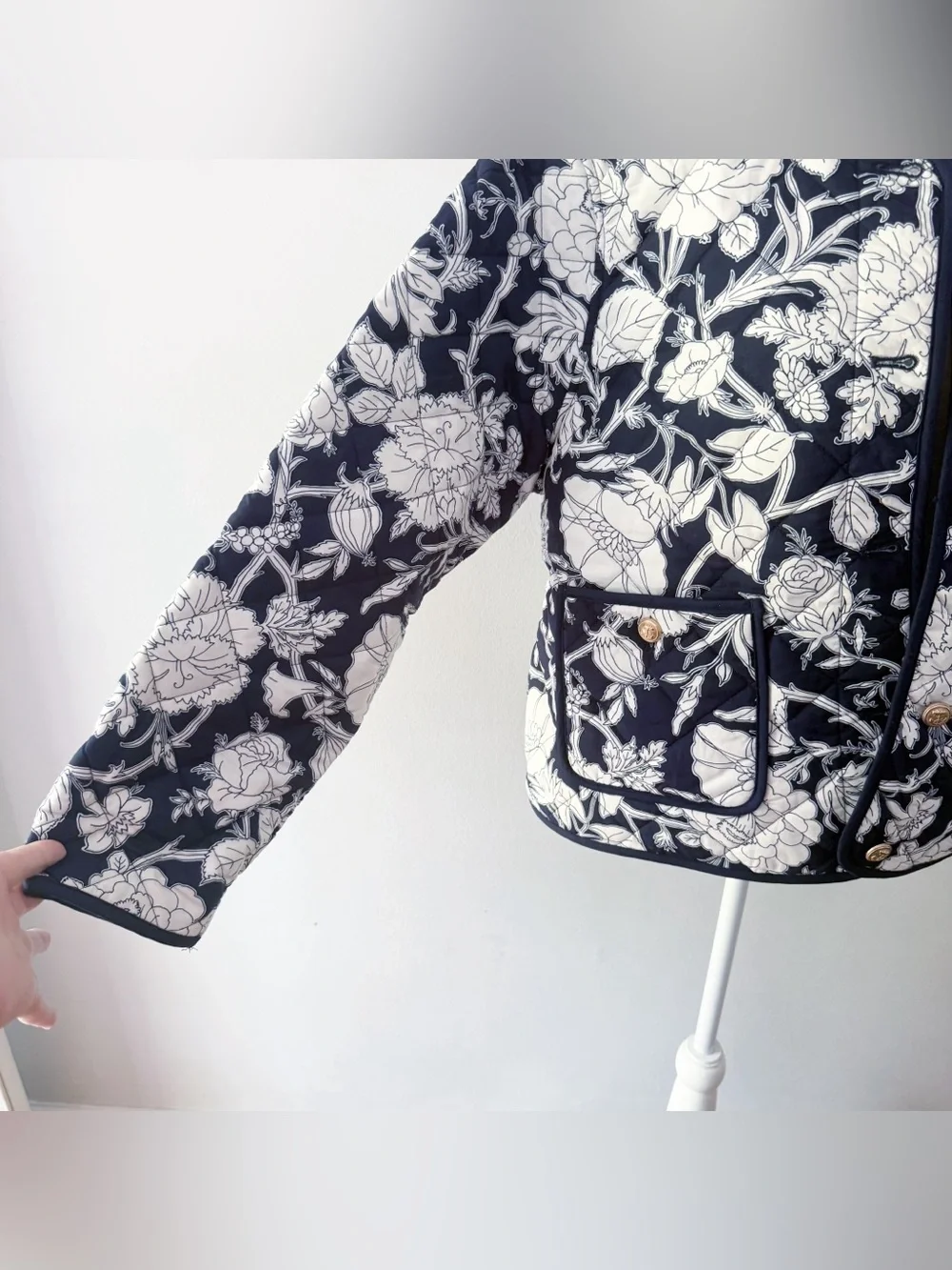 Time‎ & Tru Women 100% Cotton Floral Quilted Jacket XXL Navy Blue Coastal Casual